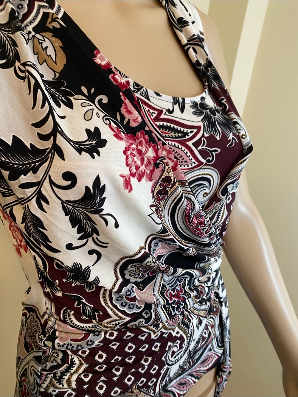 White House Black Market Burgundy, Black & Cream Paisley Sleeveless Dress